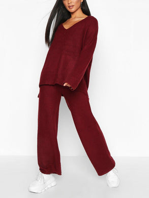 Loose Casual V-Neck Long Sleeve Top Wide Leg Pants Knitted Suit