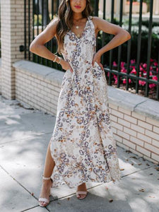 Casual Print V-neck Tie Loose Maxi Dress