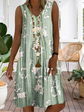 Women Floral Printed V-Neck Sleeveless Midi Dress