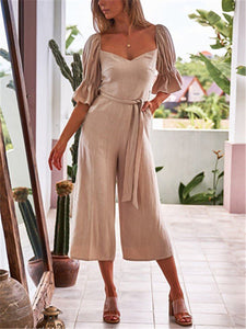 Sexy Backless Solid Color Ruffled Puff Sleeve Jumpsuits