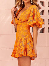 Load image into Gallery viewer, Sexy Sunset Yellow Lace Flare Sleeve Ruffle Hem Dress