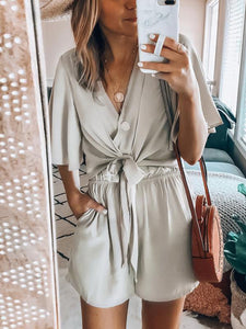 Women Fashion V Neck Short Sleeve Tie Jumpsuits