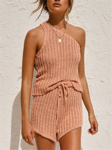 Solid One Shoulder Knit Sets