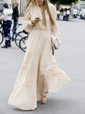 Lantern Sleeve Cotton Linen V-neck Casual Cake Dress