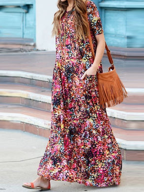 Floral Round Neck Casual Long Dress