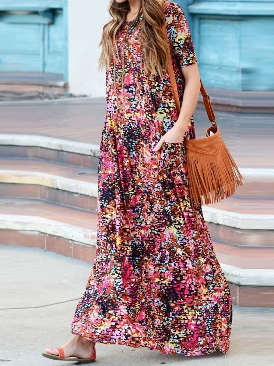 Floral Round Neck Casual Long Dress
