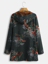 Load image into Gallery viewer, Vintage Print Plus Velvet Cotton and Linen Ladies Long Hooded Zipper Coat