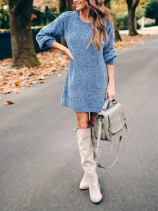 Solid Knit Round Neck Mini Dress