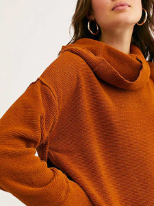 Orange Turtleneck Knitted Long Sleeve Hem Split Set