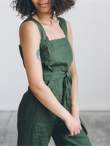 Fashion Solid Color Cotton Linen Collar Jumpsuits
