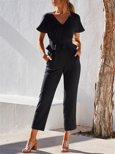 Solid Color Simple V Neck Jumpsuits