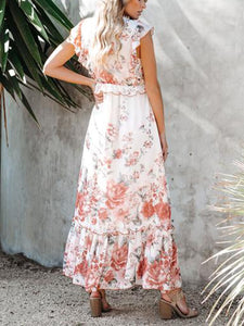 Round Neck Ruffle Print Maxi Dress