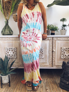 Simple Loose Contrast Short Sleeve Print V-Neck Long Dress