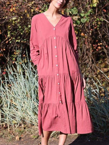 Long Sleeve V Neck Solid Casual Dresses