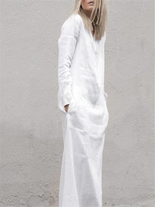 Casual Loose Long Sleeve V-Neck Pocket Linen Maxi Dress