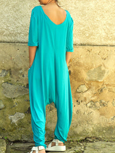 Women Crew Neck Mid Sleeve Loose Jumpsuit with Pocket