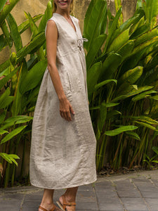 Women Linen Dress Casual V-neck Sleeveless Maxi Dress