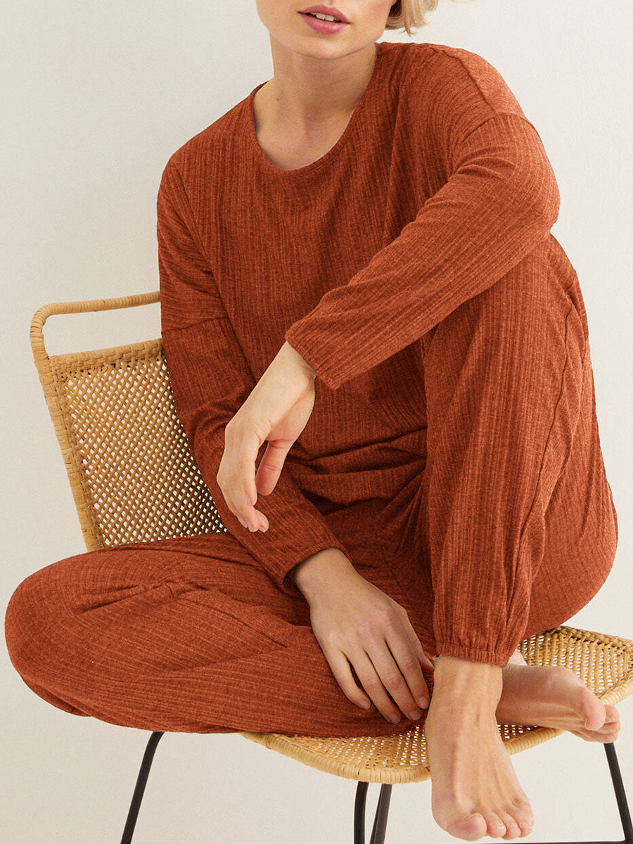 Fashion Round Neck Long Striped Pajamas Casual Suit