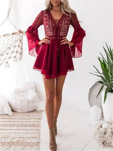 Sexy Mini Dress With Lace V Neck Flared Sleeves