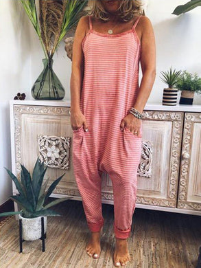 Strap Solid Color Striped Jumpsuit