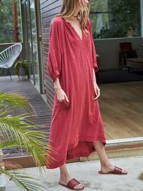 V-neck Long Sleeve Cotton and Linen Casual Dress