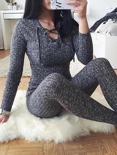 Fall/Winter Leisure V-Neck Knitted Sweater Tight Set