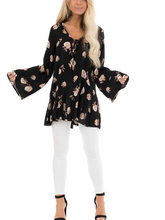 Load image into Gallery viewer, Black Floral Print Tunic Top with Long Sleeves and Front Tie