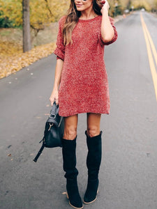 Solid Knit Round Neck Mini Dress