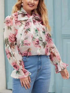 Plus Size Floral Print Tie Neck Sheer Blouse