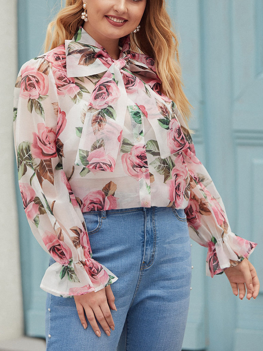 Plus Size Floral Print Tie Neck Sheer Blouse