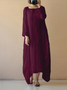 Autumn Cotton and Linen Loose Solid Color Long-Sleeved Dress