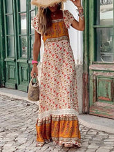 Load image into Gallery viewer, Bohemian Printed Square Ruffle Short Sleeve Panel Maxi Dresses