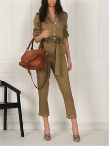 Simple Solid Color Collar Pocket Jumpsuits