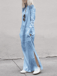 Casual Loose Long Sleeve V-Neck Pocket Linen Maxi Dress