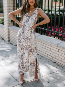 Casual Print V-neck Tie Loose Maxi Dress