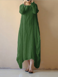 Autumn Cotton and Linen Loose Solid Color Long-Sleeved Dress