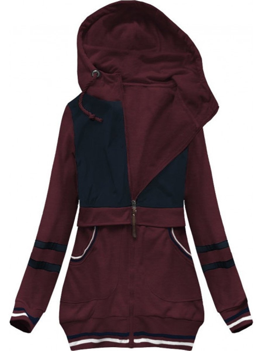 Hooded Colorblock Long Sleeve Coat