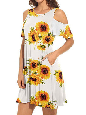 Women Sunflower Crew Neck Mini Dresses