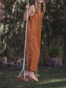 Women V-neck Sleeveless Loose Linen Jumpsuit