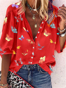 Butterfly Pattern Half Sleeve V Neck Shirt