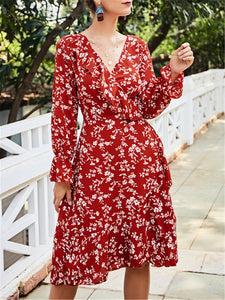 Long Sleeve V-neck Floral Dress