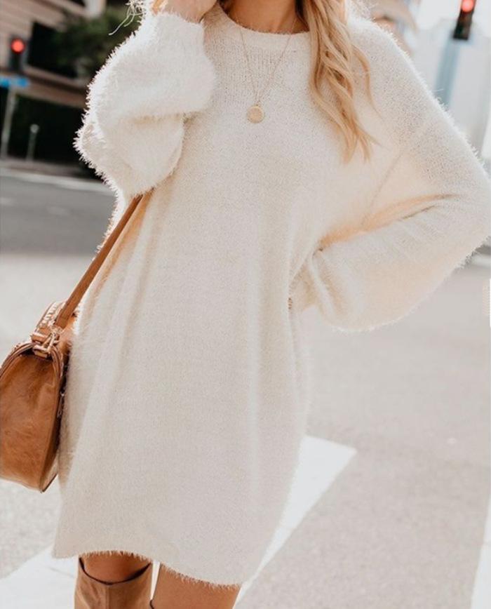 Long Sleeve Round Neck Loose Plush Dress