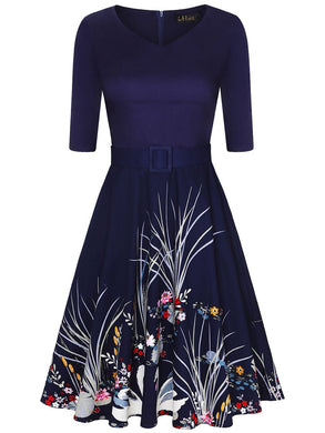 V-Neck Print Retro Large-Sleeve Temperament Dress