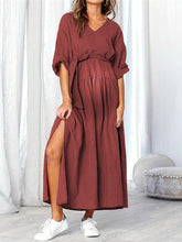 Load image into Gallery viewer, Maternity V-Neck Belt Tie Long Sleeve Side Split Splicing Long Dress