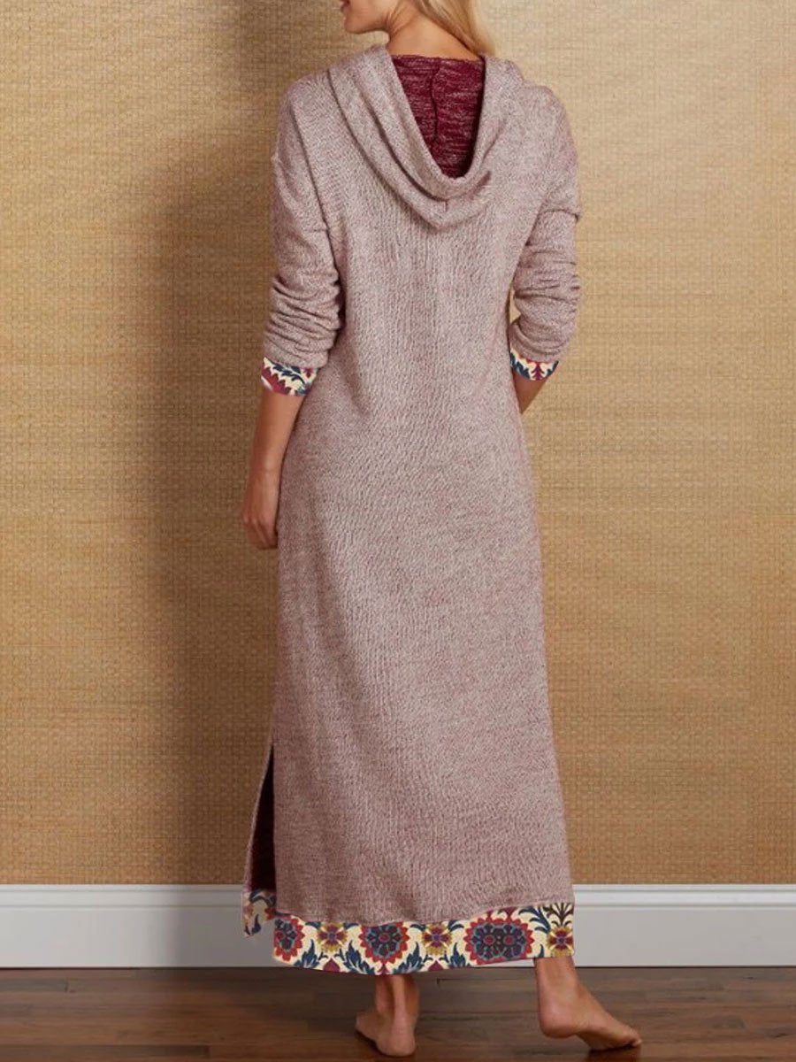 Printed Patchwork Hooded Long Sleeve Dress