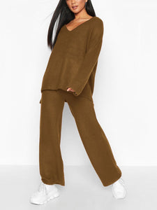 Loose Casual V-Neck Long Sleeve Top Wide Leg Pants Knitted Suit