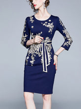 Load image into Gallery viewer, Embroidered Bow Tie Slim Slimming Midi Dress