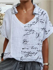 Print Letter Standard Short Sleeve V Neck Blouse