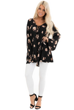 Load image into Gallery viewer, Black Floral Print Tunic Top with Long Sleeves and Front Tie