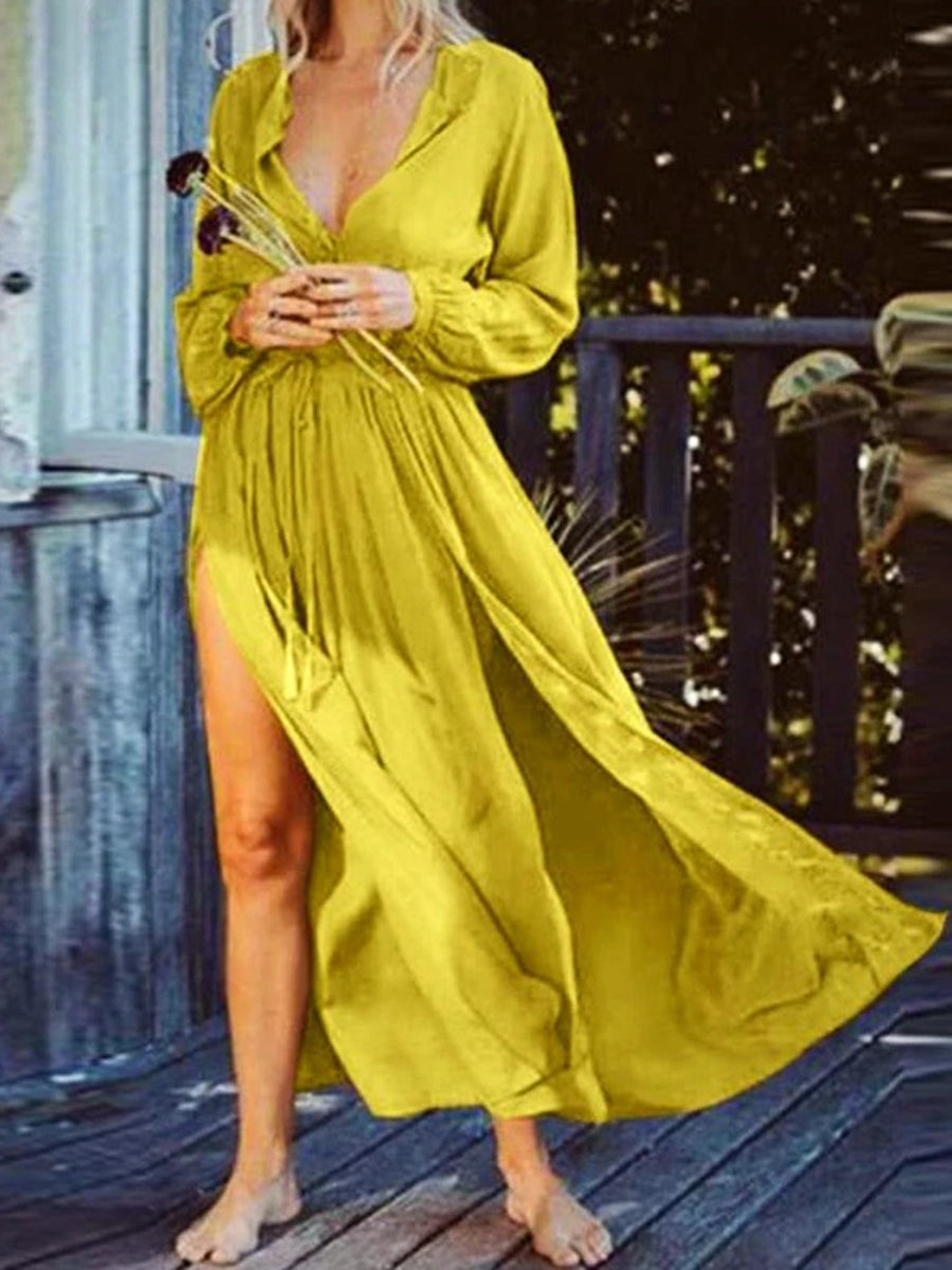 Long Sleeve V-Neck Swing Solid Color Vacation Dress